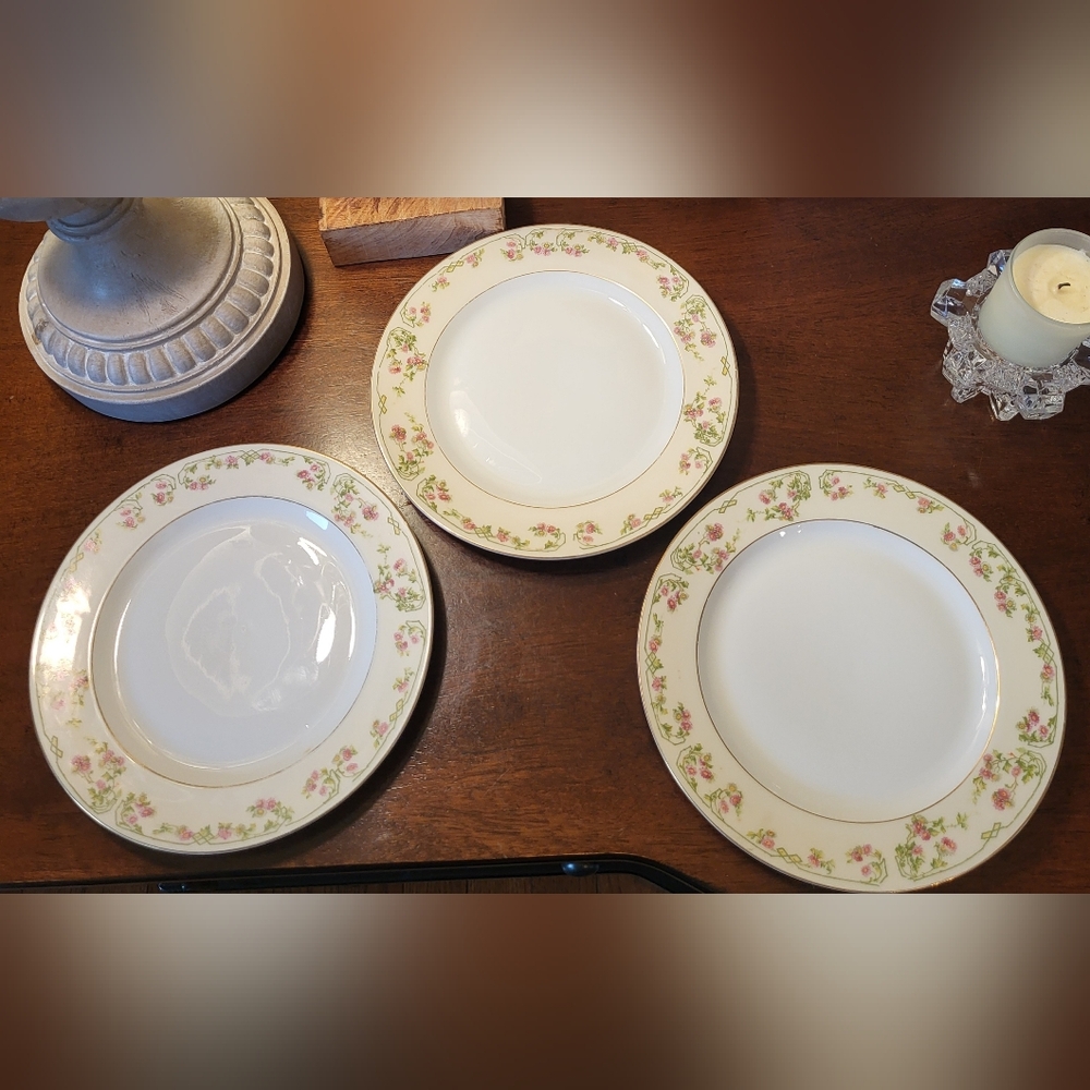 Set of 3 Antique MZ Althrohlau CMR Czech Porcelain Salad Plate Pink Daisies Gold